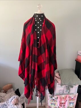 Maurices Red and Black Buffalo Plaid Fringe Shawl Wrap